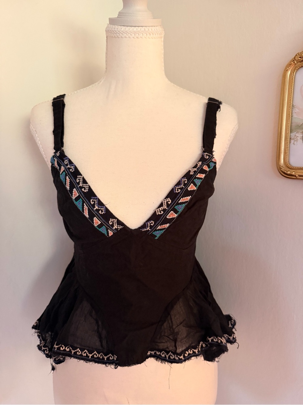 Free People Black Embroidered V-Neck Camisole with Colorful Trim